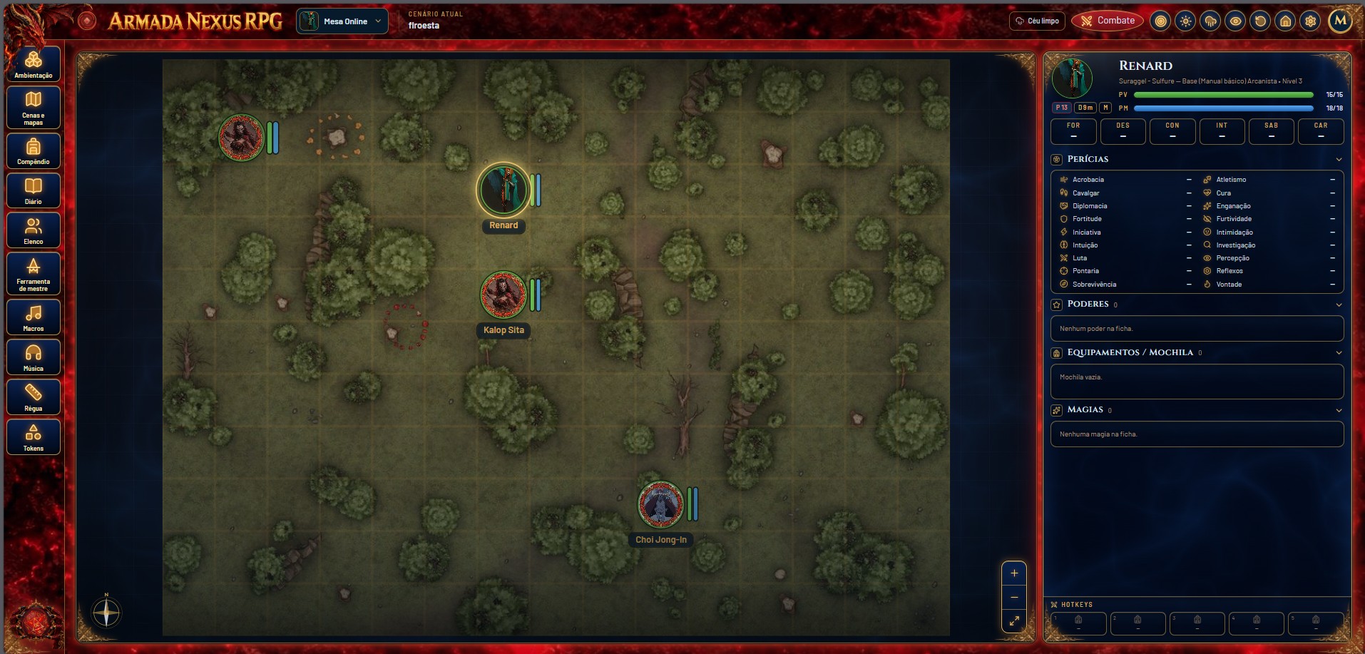 Armada Nexus RPG em estilo expansivo, colorido e ornamentado: mapa de floresta com tokens e ficha do personagem Renard com pontos de vida, mana, perícias e hotkeys