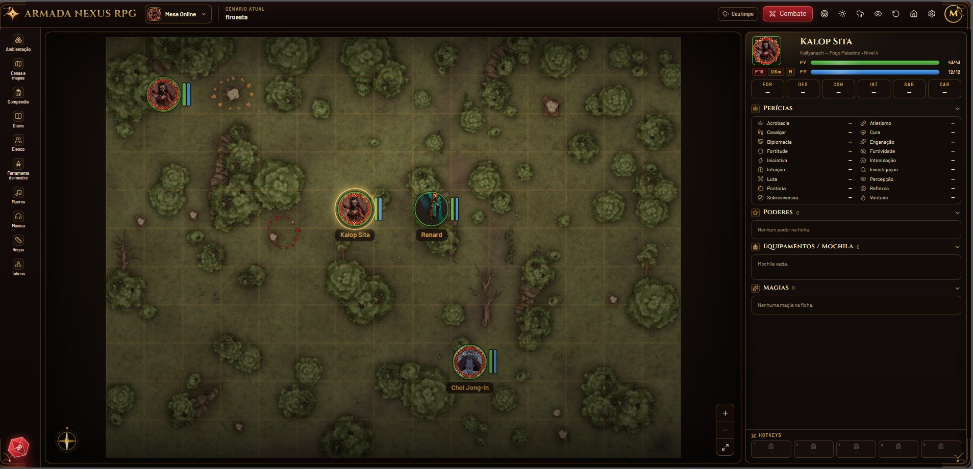 Armada Nexus RPG: mesa virtual com mapa de floresta, tokens de personagens com barras de vida, menu lateral de ferramentas e ficha do personagem à direita