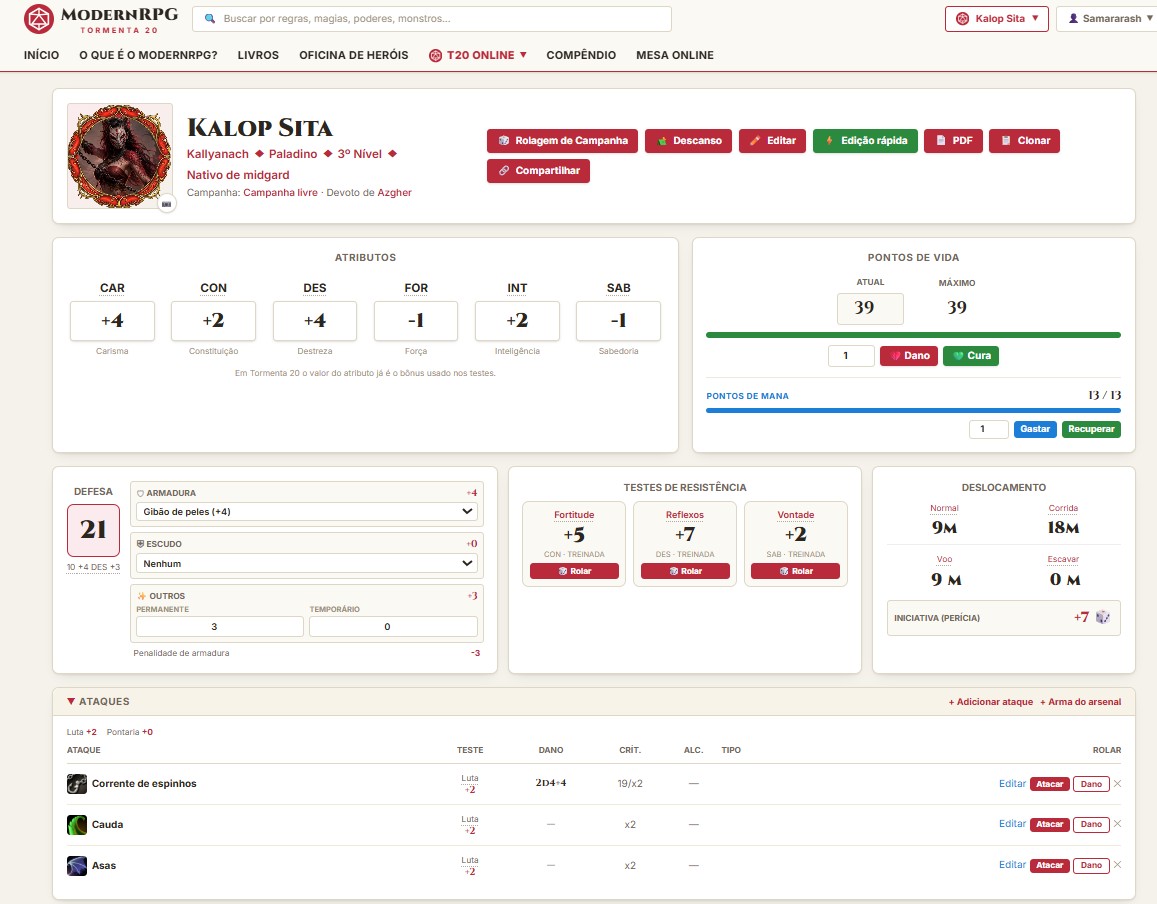 Ficha digital de personagem do ModernRPG: atributos, pontos de vida e mana, defesa, testes de resistência, deslocamento e ataques com botões de rolagem