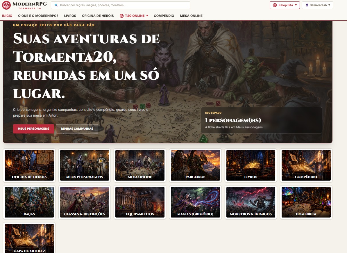 Página inicial do ModernRPG Tormenta 20 com o painel Seu espaço e atalhos para Oficina de Heróis, Meus Personagens, Mesa Online, Parceiros, Livros, Compêndio, Raças, Classes, Equipamentos, Magias, Monstros, Homebrew e Mapa de Arton