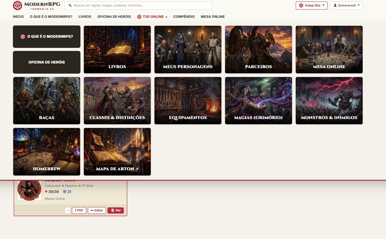 Menu T20 Online do ModernRPG com atalhos para Livros, Meus Personagens, Parceiros, Mesa Online, Raças, Classes, Equipamentos, Magias, Monstros, Homebrew e Mapa de Arton