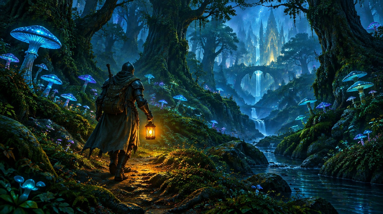 Arte conceitual de fantasia: aventureiro com lanterna em floresta encantada